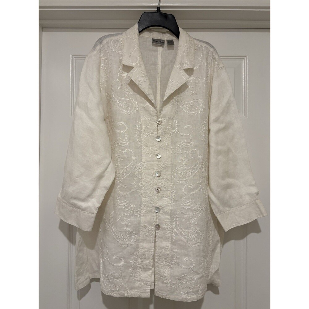 Chico's womens Embroidered Linen Blazer Duster Jacket sz 3 (XL) Cream 3/4 Sleeve